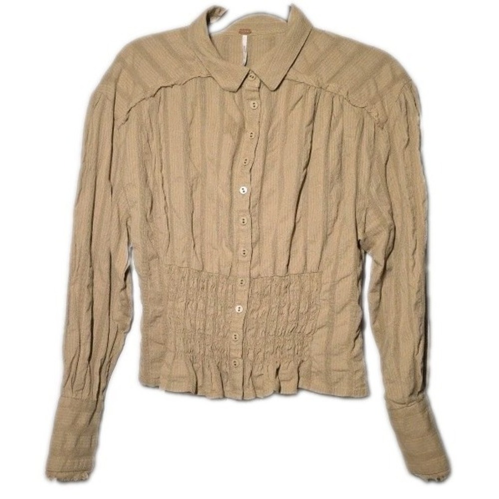 Free People Tammy Button Down Top Khaki Smocked Hem Frayed Size Small